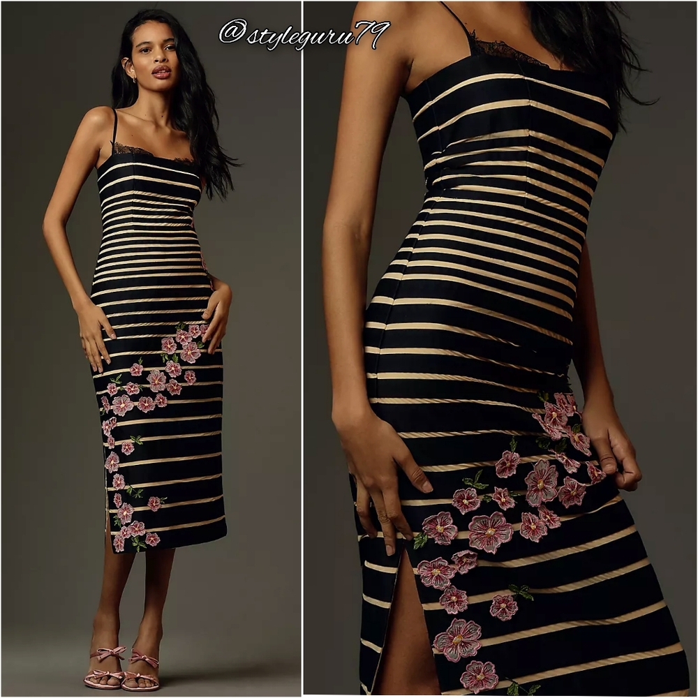 Anthropologie, Maeve Striped Square-Neck Sleeveless Floral Applique Midi Dress
